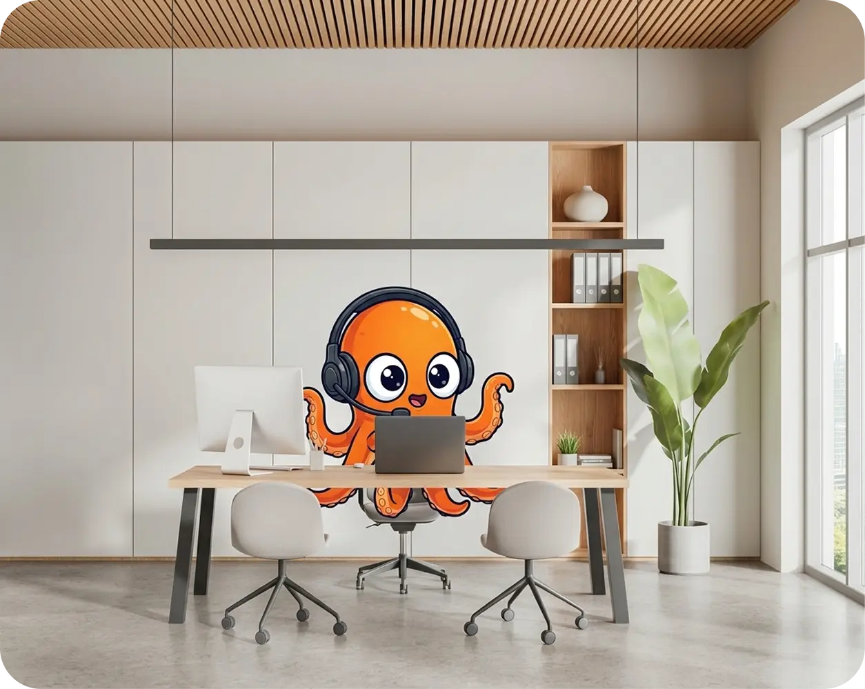 OctoVoIP AI Receptionist — friendly octopus with headset multitasking at a desk